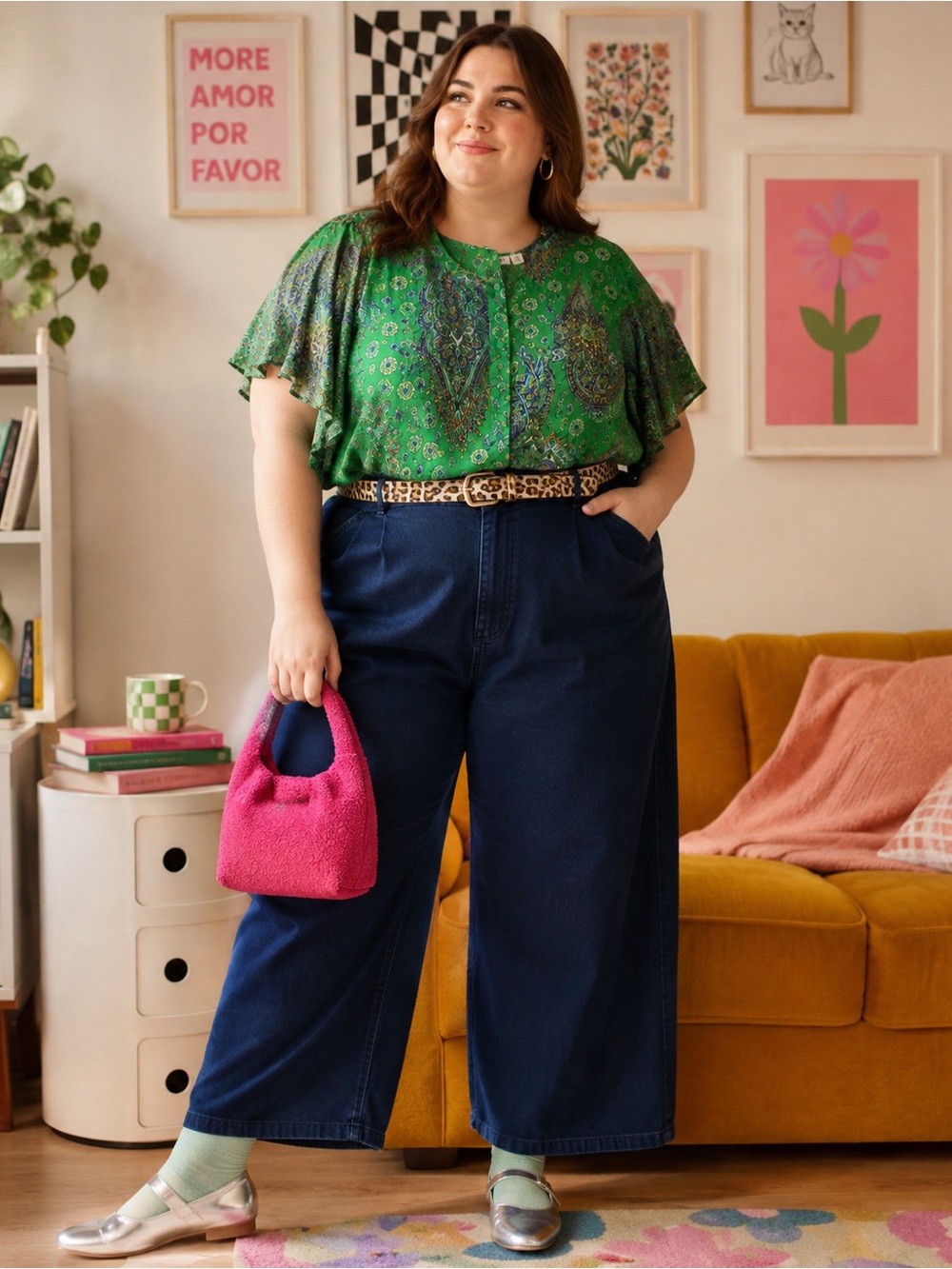 Denim 24/7 4X Green Paisley Boho Rayon Flutter Sleeve Blouse Plus Size